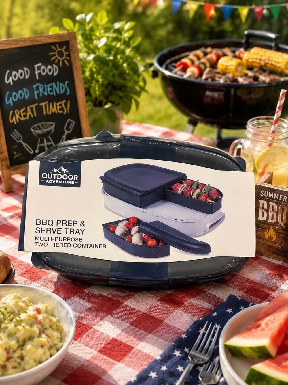 Outdoor Adventure BBQ Prep & Serve Tray - Navy White - NIB